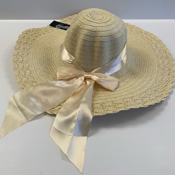 Floppy Straw Sun Hat 5” w/ Silk Bow - Beige - Picture 2 of 8